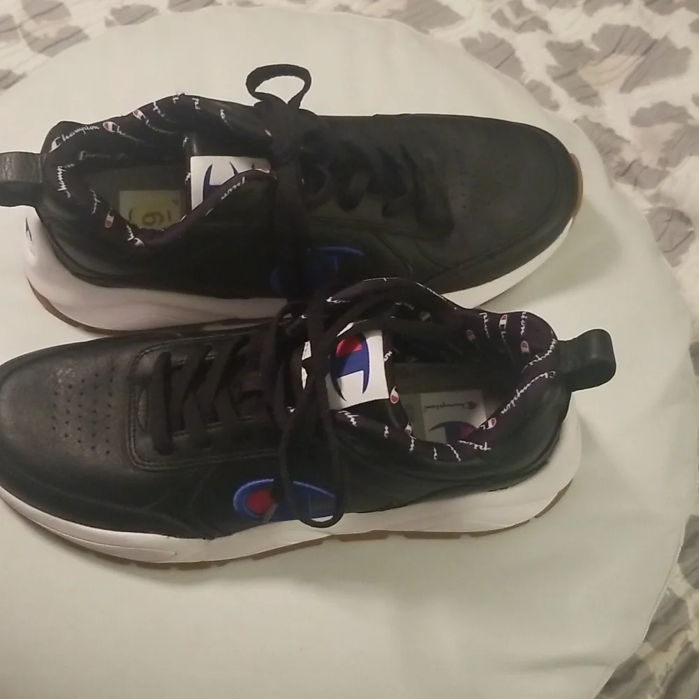 Men's Champion Black Genuine Leather Sneakers with White Rubber Soles; Size 9 - Picture 1 of 10